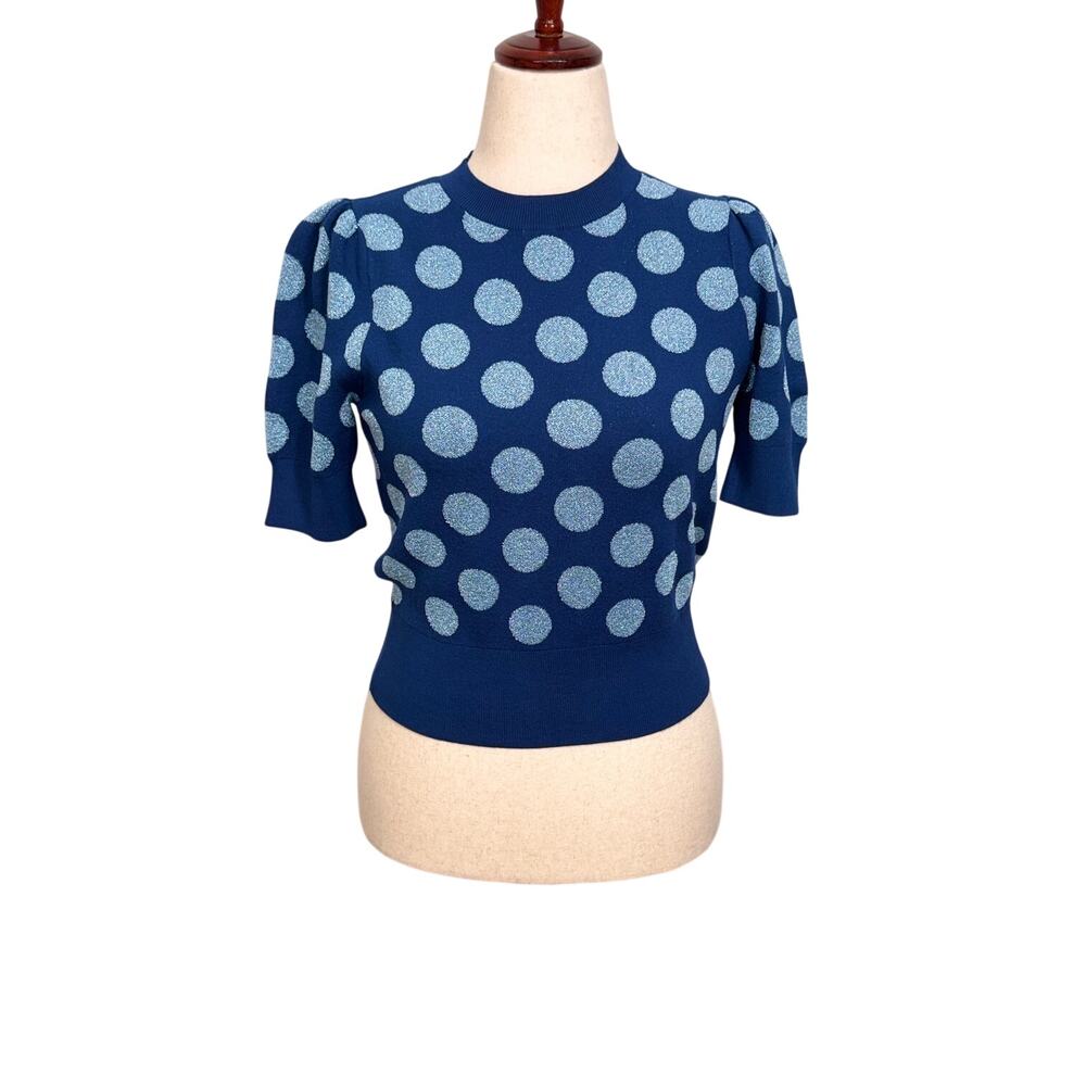 Kate Spade Seaside Blue Polka Dot short sleeve sweater metallic dots Sz S